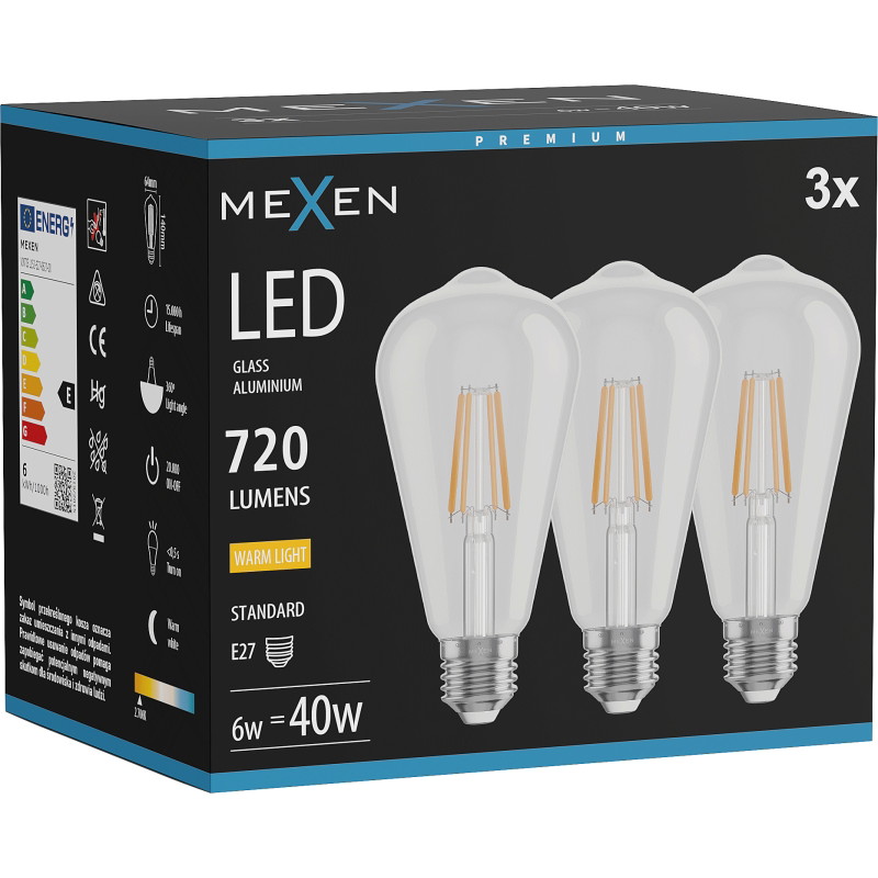 Mexen Vintis 3x LED крушка с нажежаема жичка E27, ST64, 6W, Топла светлина - 2700K, 720 lm,