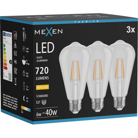 Mexen Vintis 3x LED крушка с нажежаема жичка E27, ST64, 6W, Топла светлина - 2700K, 720 lm,