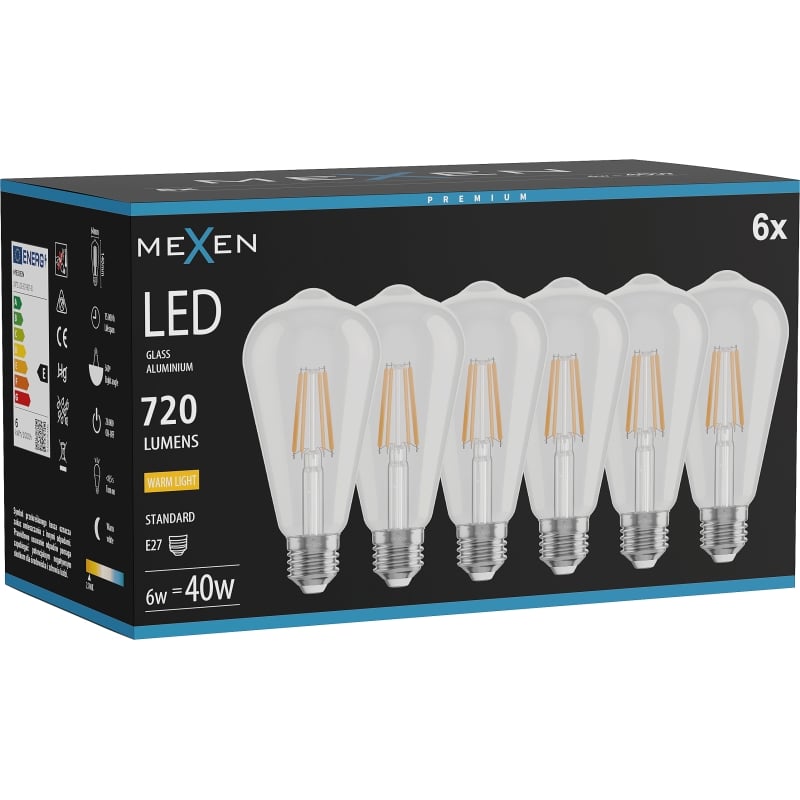 Mexen Vintis 6x LED енергоспестяваща крушка, E27, ST64, 6W, Топла - 2700K, 720 lm, прозрачна