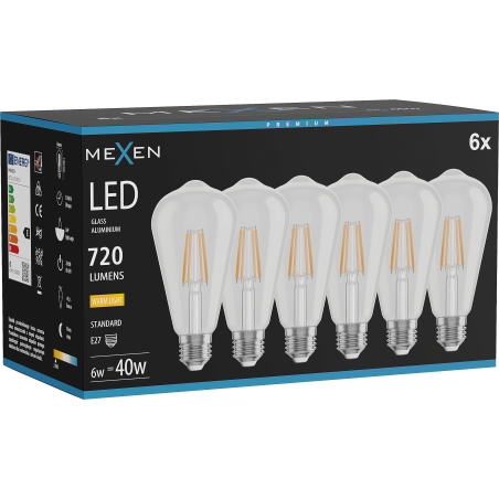 Mexen Vintis 6x LED енергоспестяваща крушка, E27, ST64, 6W, Топла - 2700K, 720 lm, прозрачна