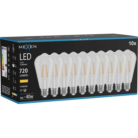 Mexen Vintis 10x LED филамент крушка E27, ST64, 6W, Топла - 2700K, 720 lm, прозрачен