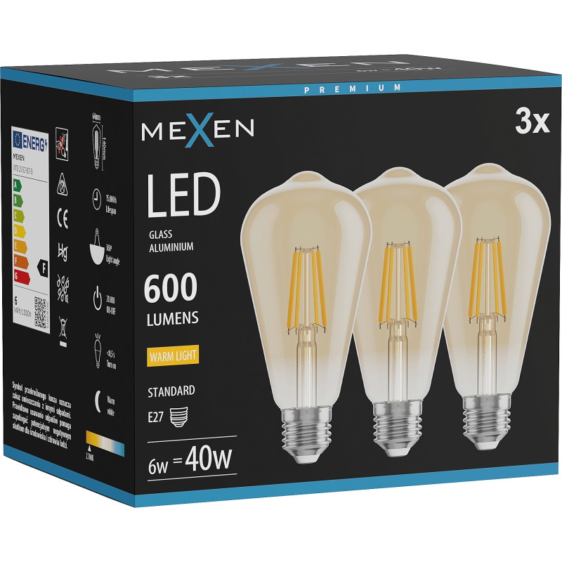 Mexen Vintis 3x LED filament крушка E27, ST64, 6W, Топло - 2700K, 600 lm, кехлибар - L152-E27-0627-50x03