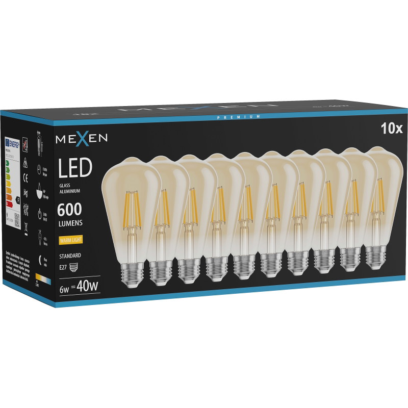 Mexen Vintis 10x LED филамент крушка E27, ST64, 6W, Топло - 2700K, 600 lm, кехлибар
