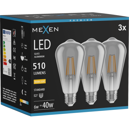 Mexen Vintis 3x LED нажежаема крушка E27, ST64, 6W, Топла - 2700K, 510 lm, пушек - L152-E27-0627-70x03