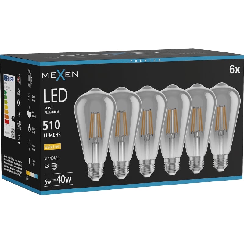 Mexen Vintis 6x LED филаментна крушка E27, ST64, 6W, Топла - 2700K, 510 lm, димно стъкло