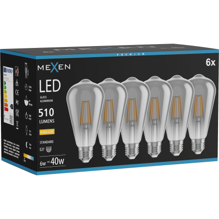 Mexen Vintis 6x LED филаментна крушка E27, ST64, 6W, Топла - 2700K, 510 lm, димно стъкло