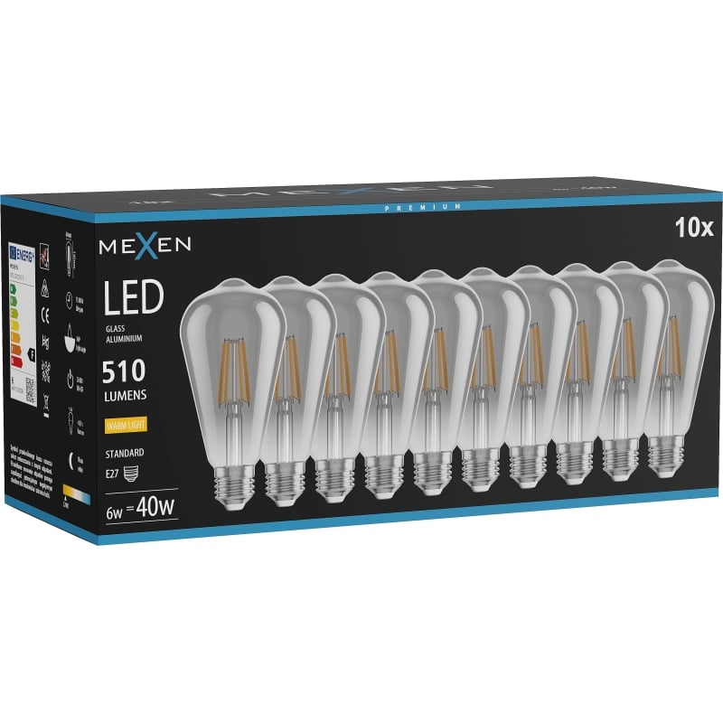 Mexen Vintis 10x крушка с нажежаема жичка LED E27, ST64, 6W, Топла - 2700K, 510 lm, опушена