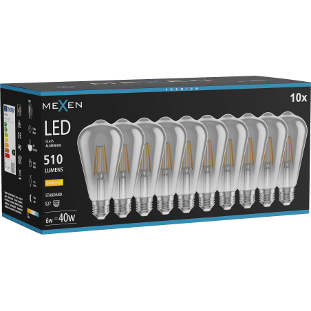 Mexen Vintis 10x крушка с нажежаема жичка LED E27, ST64, 6W, Топла - 2700K, 510 lm, опушена