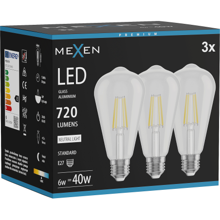 Mexen Vintis 3x LED нажежаема жичка E27, ST64, 6W, Неутрална - 4000K, 720 lm, прозрачен