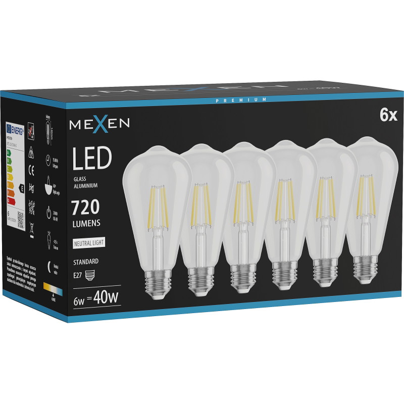 Mexen Vintis 6x LED филамент крушка E27, ST64, 6W, Неутрална - 4000K, 720 lm, прозрачна
