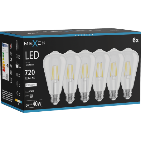 Mexen Vintis 6x LED филамент крушка E27, ST64, 6W, Неутрална - 4000K, 720 lm, прозрачна