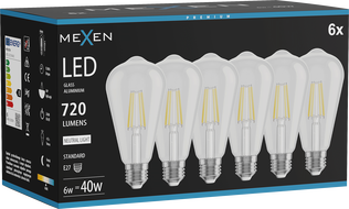 Mexen Vintis 6x LED филамент крушка E27, ST64, 6W, Неутрална - 4000K, 720 lm, прозрачна