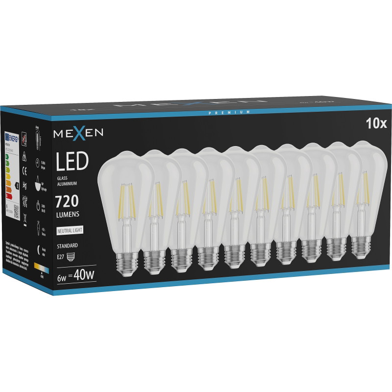 Mexen Vintis 10x LED филамент крушка E27, ST64, 6W, Неутрална - 4000K, 720 lm, прозрачен