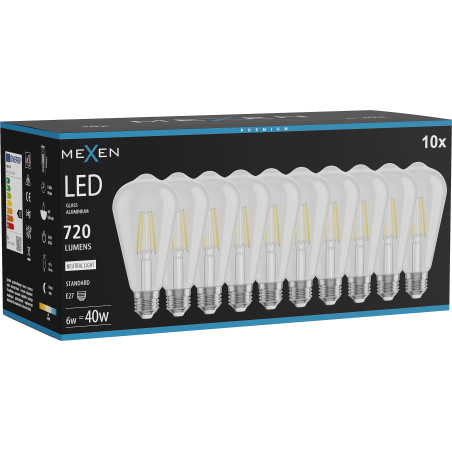 Mexen Vintis 10x LED филамент крушка E27, ST64, 6W, Неутрална - 4000K, 720 lm, прозрачен