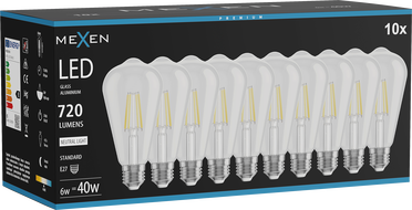 Mexen Vintis 10x LED филамент крушка E27, ST64, 6W, Неутрална - 4000K, 720 lm, прозрачен