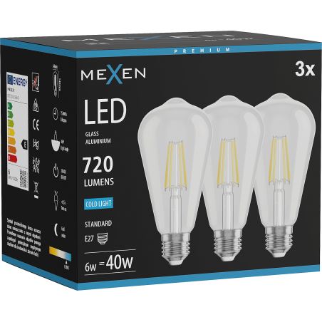 Mexen Vintis 3x LED Филаментна крушка E27, ST64, 6W, Студена - 6500K, 720 lm, прозрачна