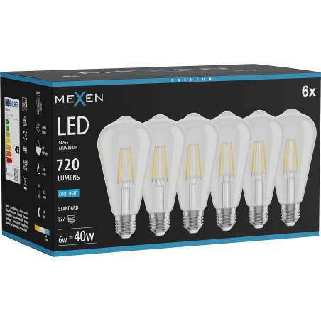 Mexen Vintis 6x LED филаментна крушка E27, ST64, 6W, Студена - 6500K, 720 lm, прозрачна
