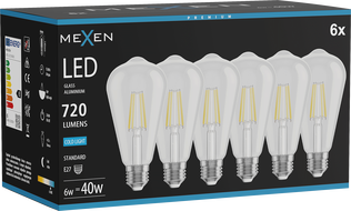 Mexen Vintis 6x LED филаментна крушка E27, ST64, 6W, Студена - 6500K, 720 lm, прозрачна