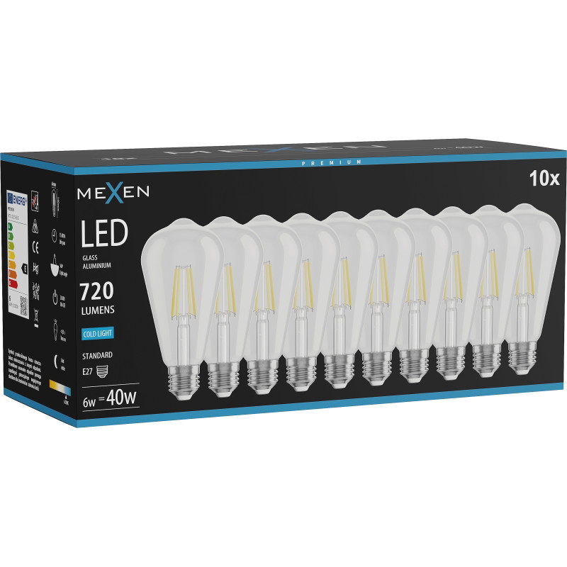 Mexen Vintis 10x LED филaмент крушка E27, ST64, 6W, студена - 6500K, 720 lm, прозрачна