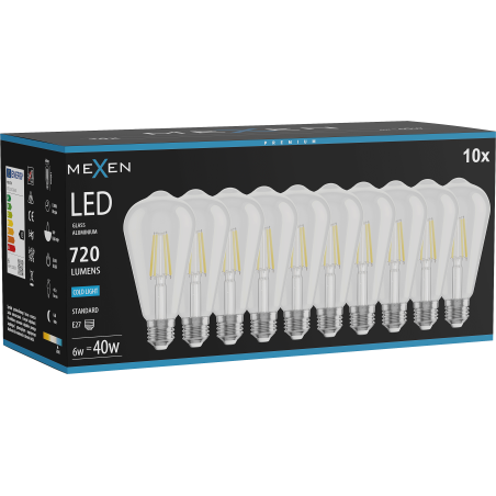 Mexen Vintis 10x LED филaмент крушка E27, ST64, 6W, студена - 6500K, 720 lm, прозрачна