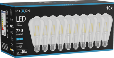 Mexen Vintis 10x LED филaмент крушка E27, ST64, 6W, студена - 6500K, 720 lm, прозрачна