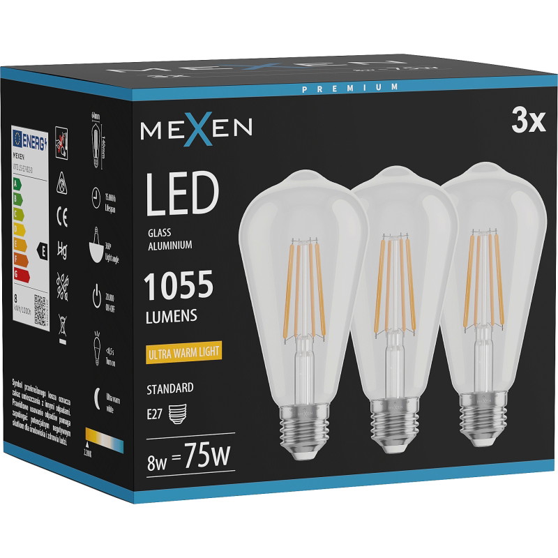 Mexen Vintis 3x LED нажежаема жичка крушка E27, ST64, 8W, Топла - 2200K, 1055 lm, прозрачна