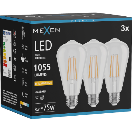 Mexen Vintis 3x LED нажежаема жичка крушка E27, ST64, 8W, Топла - 2200K, 1055 lm, прозрачна