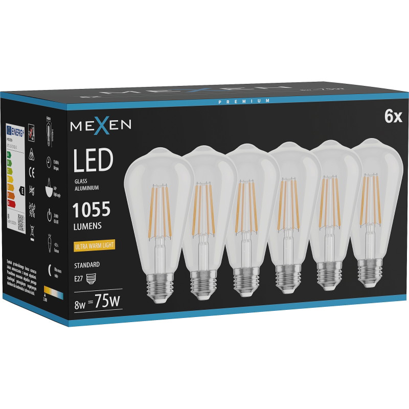 Mexen Vintis 6x LED лампа с нажежаема жичка E27, ST64, 8W, Топло - 2200K, 1055 lm, прозрачно