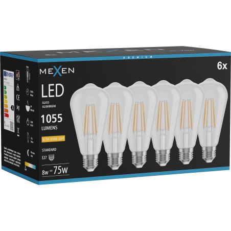 Mexen Vintis 6x LED лампа с нажежаема жичка E27, ST64, 8W, Топло - 2200K, 1055 lm, прозрачно
