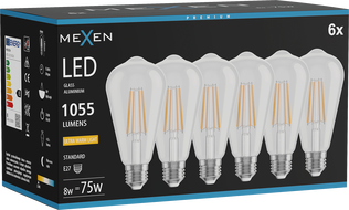 Mexen Vintis 6x LED лампа с нажежаема жичка E27, ST64, 8W, Топло - 2200K, 1055 lm, прозрачно