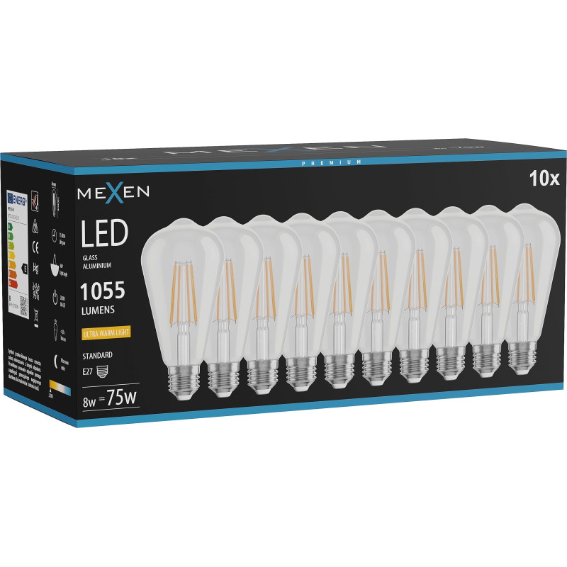 Mexen Vintis 10x LED филамент крушка E27, ST64, 8W, Топла - 2200K, 1055 lm, прозрачна