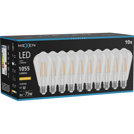 Mexen Vintis 10x LED филамент крушка E27, ST64, 8W, Топла - 2200K, 1055 lm, прозрачна
