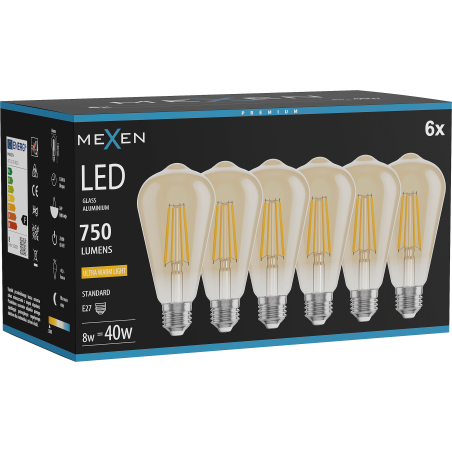 Mexen Vintis 6x Крушка с нажежаема жичка LED E27, ST64, 8W, Топла - 2200K, 750 lm, кехлибар