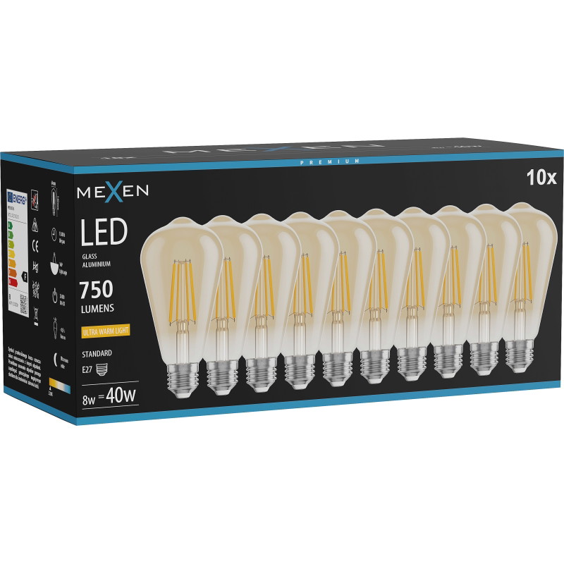Mexen Vintis 10x LED нажежаема жичка крушка E27, ST64, 8W, Топла - 2200K, 750 lm, кехлибар