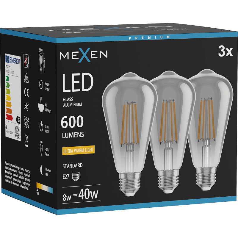 Mexen Vintis 3x LED нажежаема жичка E27, ST64, 8W, Топло - 2200K, 600 lm, опушен - L152-E27-0822-70x03