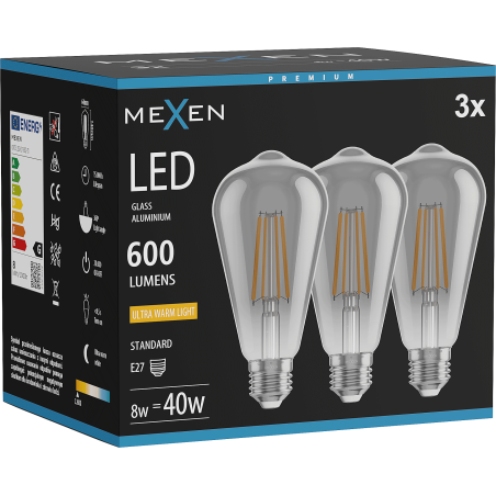 Mexen Vintis 3x LED нажежаема жичка E27, ST64, 8W, Топло - 2200K, 600 lm, опушен - L152-E27-0822-70x03
