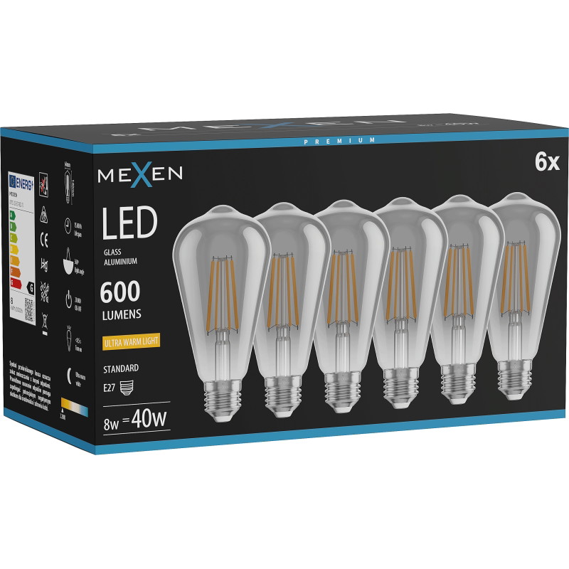 Mexen Vintis 6x LED нажежаема лампа E27, ST64, 8W, Топла - 2200K, 600 lm, опушена
