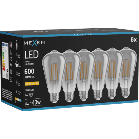 Mexen Vintis 6x LED нажежаема лампа E27, ST64, 8W, Топла - 2200K, 600 lm, опушена