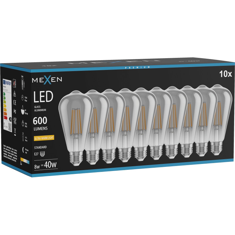 Mexen Vintis 10x LED филамент крушка E27, ST64, 8W, Топла - 2200K, 600 lm, опушена