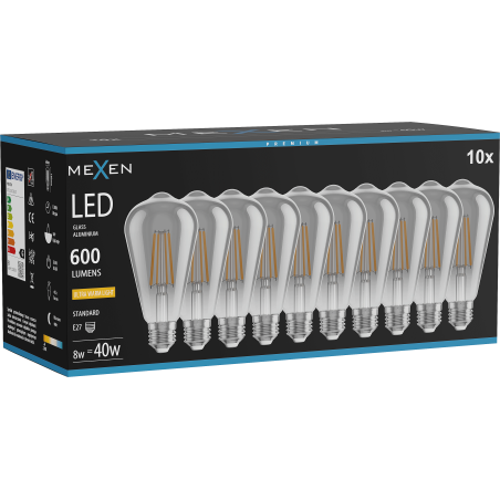 Mexen Vintis 10x LED филамент крушка E27, ST64, 8W, Топла - 2200K, 600 lm, опушена