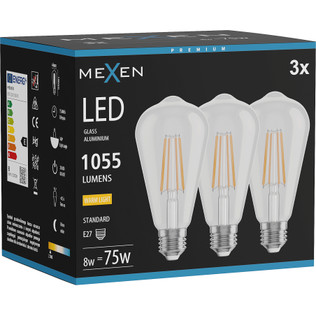 Mexen Vintis 3x LED нажежаема жичка E27, ST64, 8W, Топла - 2700K, 1055 lm, прозрачно