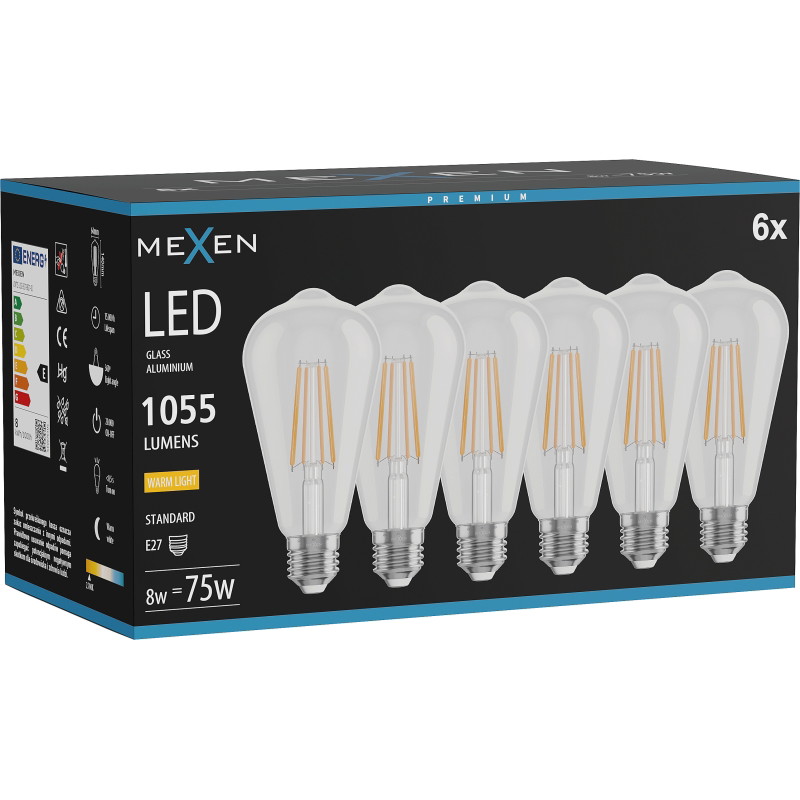 Mexen Vintis 6x LED нажежаема жичка лампа E27, ST64, 8W, Топла - 2700K, 1055 lm, прозрачна