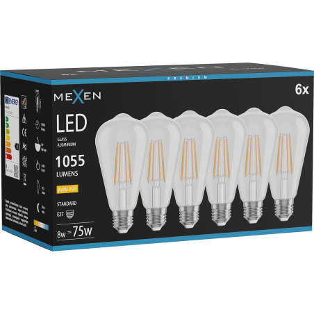 Mexen Vintis 6x LED нажежаема жичка лампа E27, ST64, 8W, Топла - 2700K, 1055 lm, прозрачна