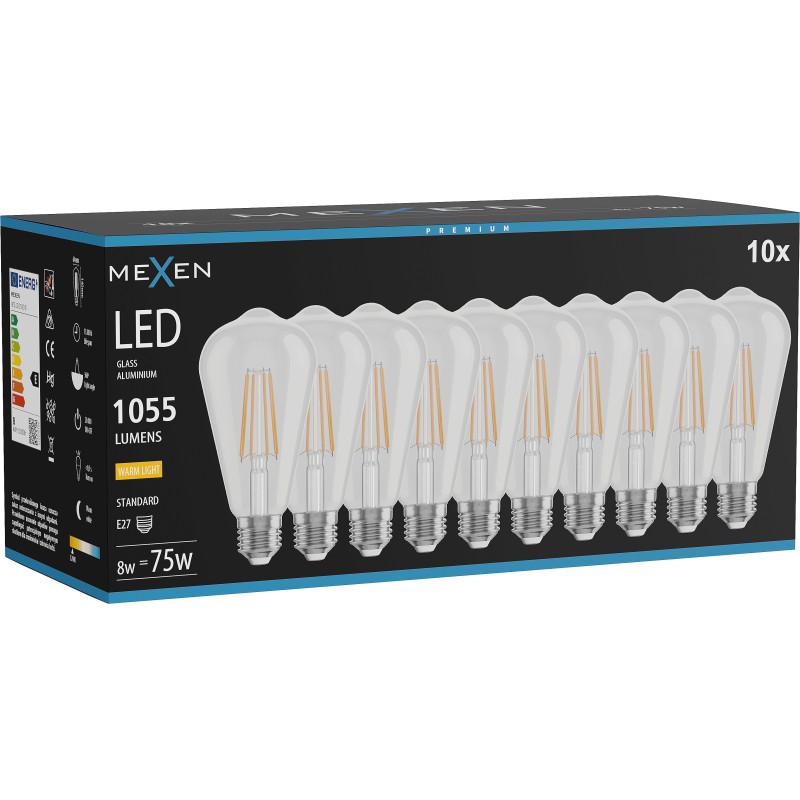 Mexen Vintis 10x LED нажежаема лампа E27, ST64, 8W, Топла - 2700K, 1055 lm, прозрачна