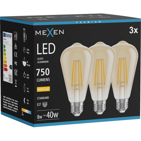 Mexen Vintis 3x LED филаментна крушка E27, ST64, 8W, Топла - 2700K, 750 lm, кехлибар