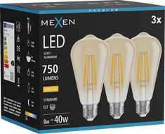Mexen Vintis 3x LED филаментна крушка E27, ST64, 8W, Топла - 2700K, 750 lm, кехлибар