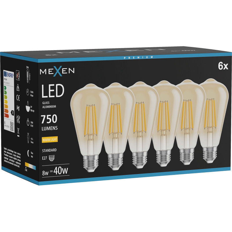Mexen Vintis 6x LED филамент крушка E27, ST64, 8W, Топла светлина - 2700K, 750 lm, кехлибар