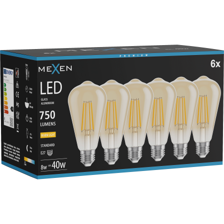 Mexen Vintis 6x LED филамент крушка E27, ST64, 8W, Топла светлина - 2700K, 750 lm, кехлибар