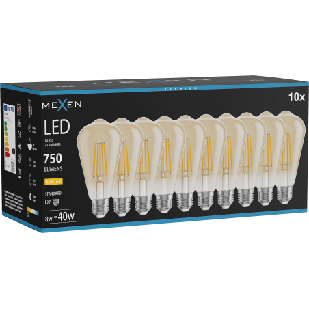 Mexen Vintis 10x LED нажежаема жичка E27, ST64, 8W, Топла - 2700K, 750 lm, кехлибар