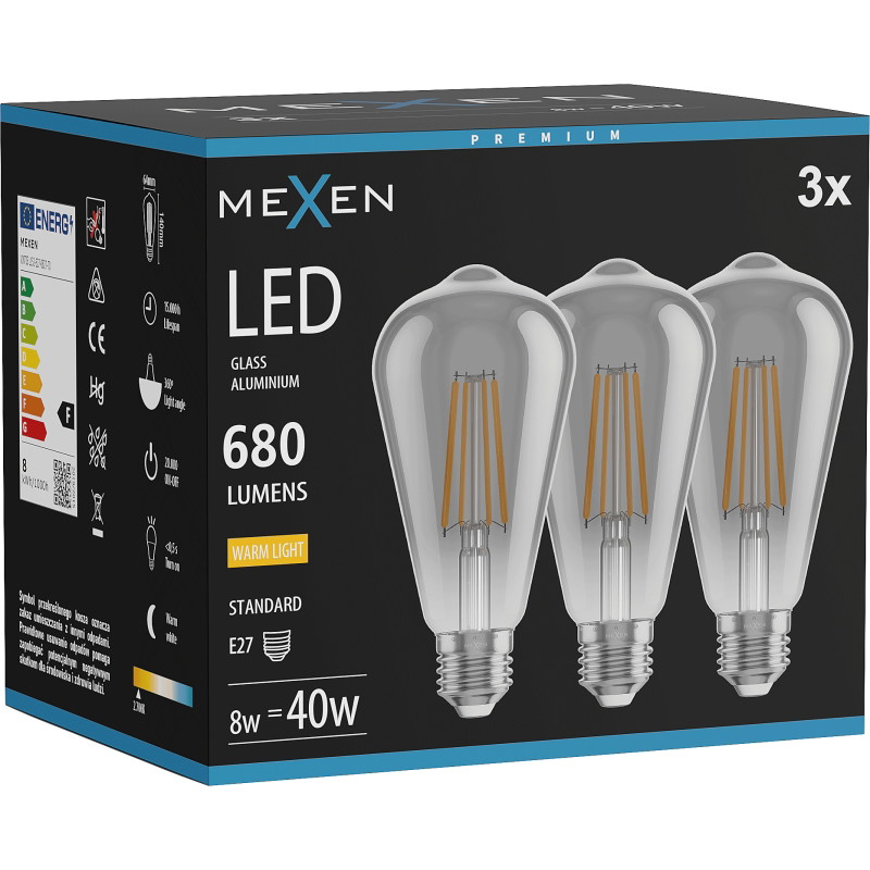 Mexen Vintis 3x LED филаментна крушка E27, ST64, 8W, Топла - 2700K, 680 lm, пушек